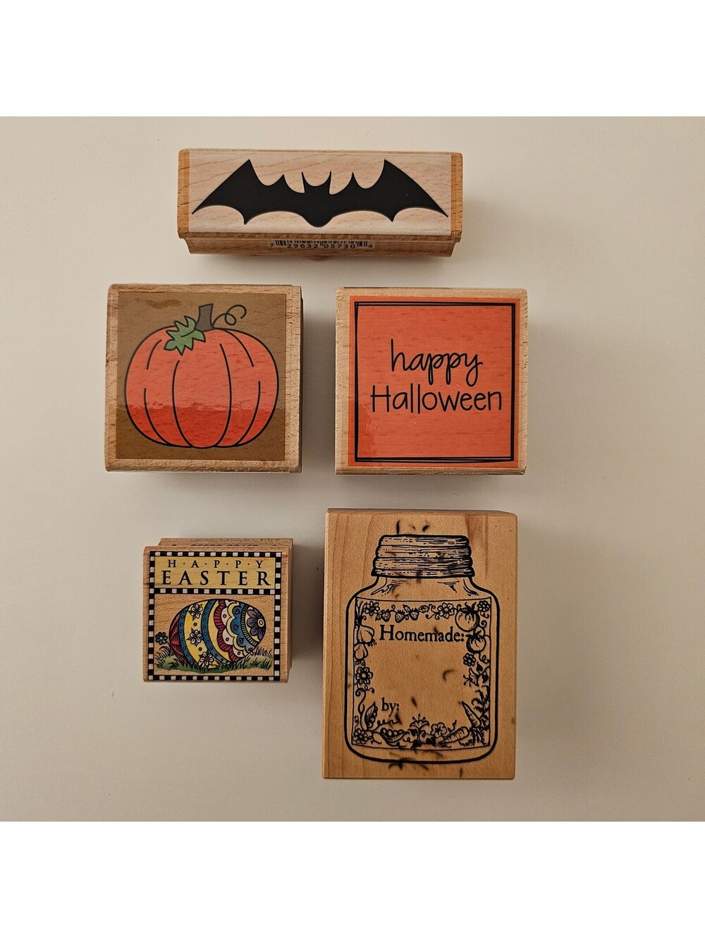 Lot of 5 Rubber Wood Mounted Stamps Halloween Bat Happy Easter Homemade: By: